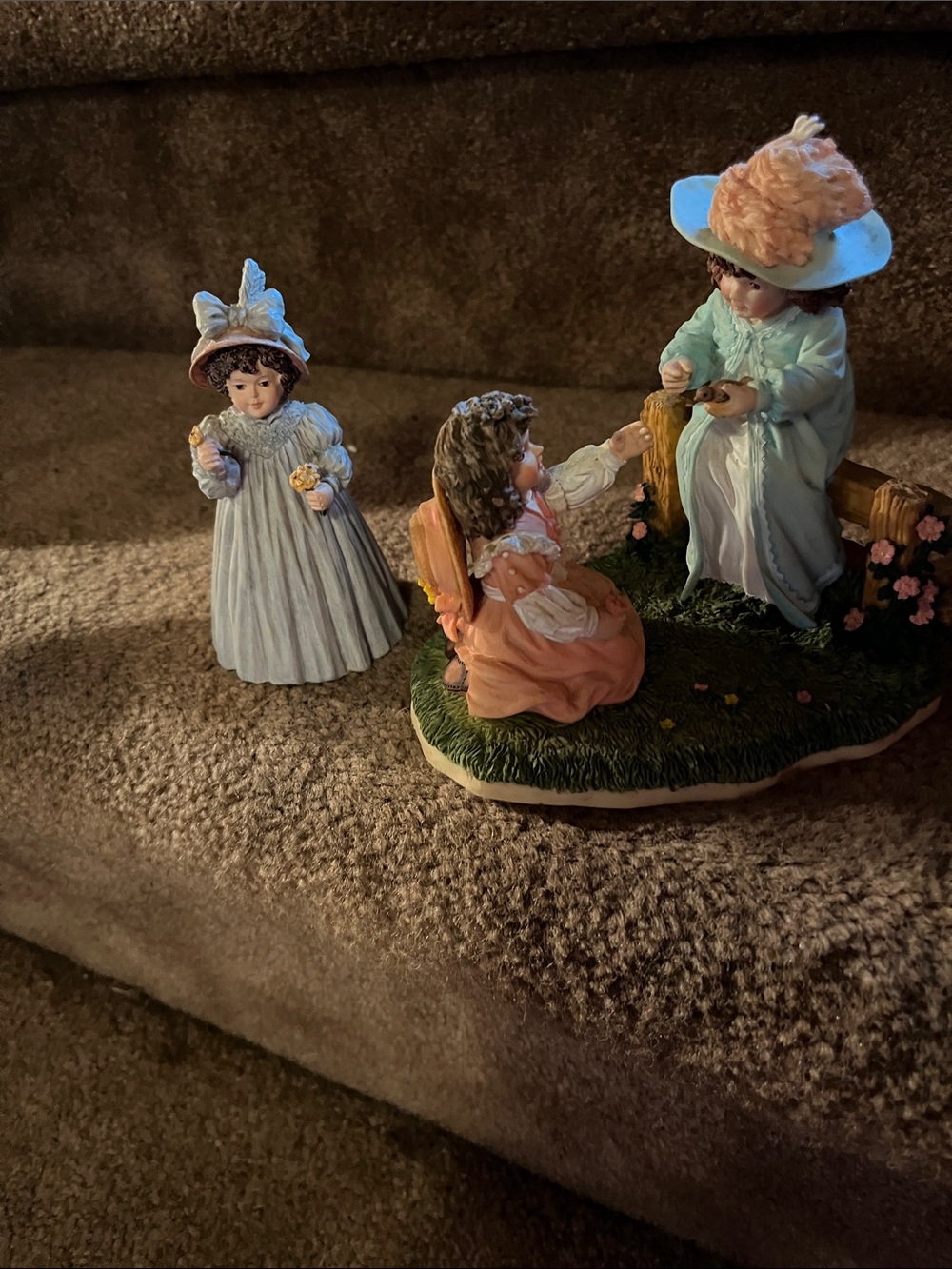 Porcelain Victorian Girl Figurines in Pastel Blue, Peach and Mints